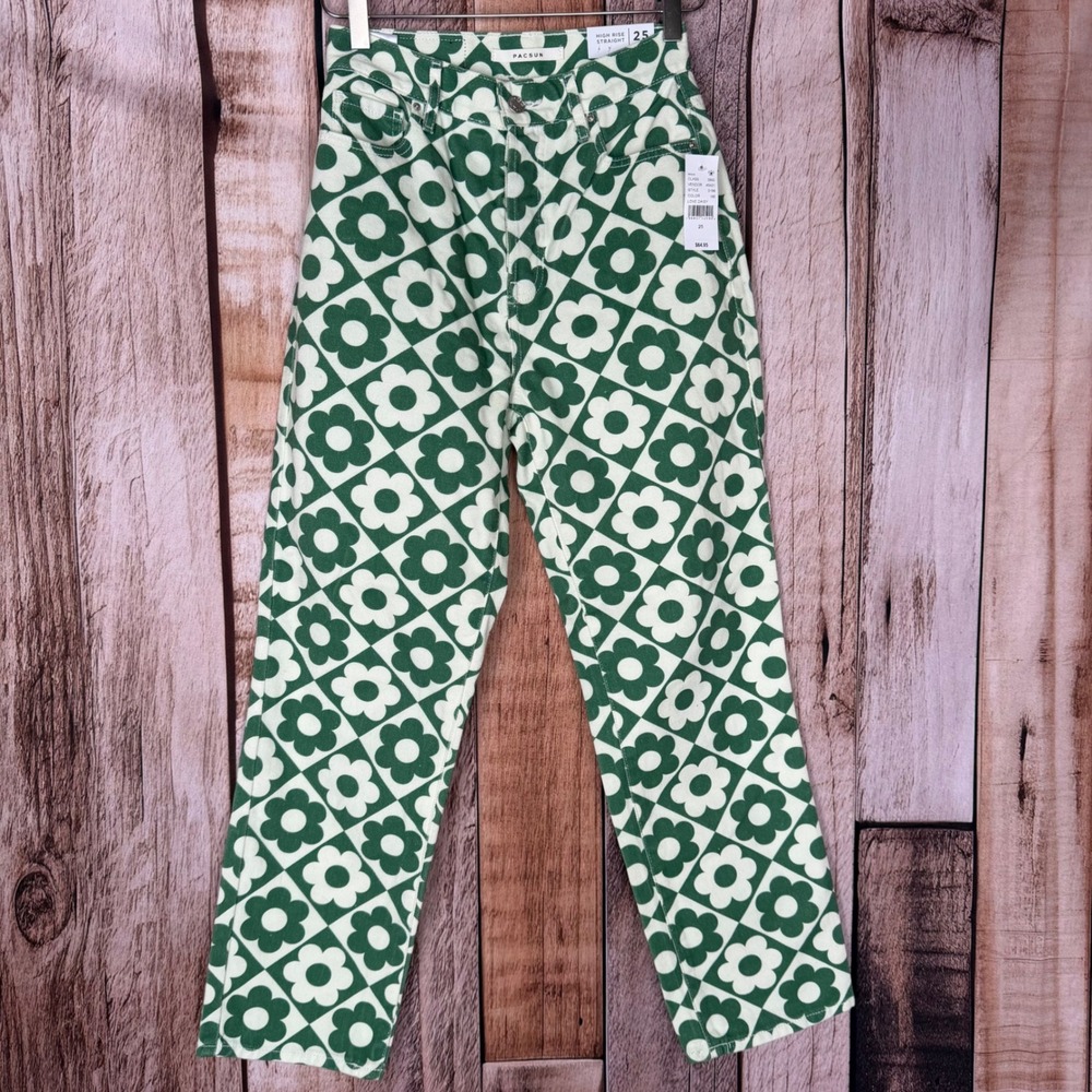 PacSun Jeans Love Daisy High Rise Straight Print Retro Green Denim Size 25 NWT